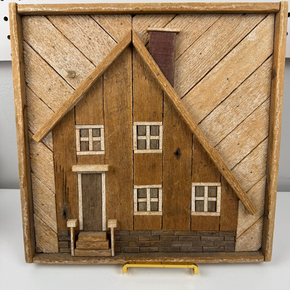 Vtg 1979 Rustic Cabin Wood Wall Art Folk Art Cabincore Lodge Decor 12x12